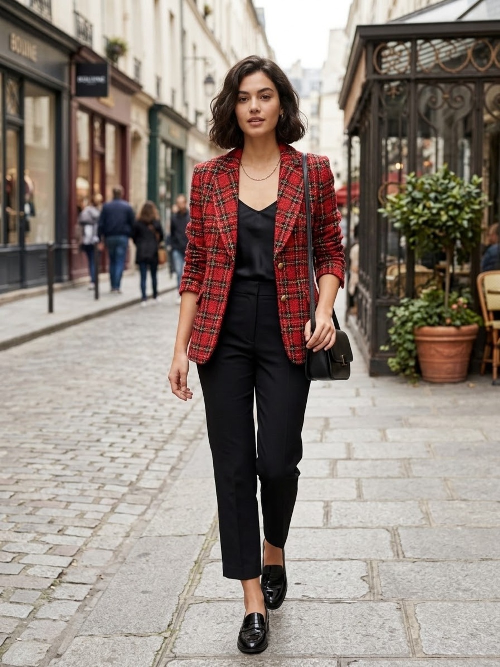 Vintage Georges Marciano Red Plaid Tweed Blazer- Gold Button Boucle, Size 10